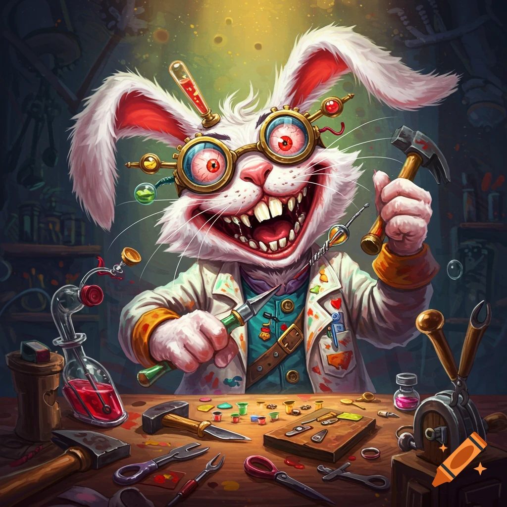 Illustration of a wild-eyed rabbit in goggles and lab coat, holding tools at a workbench.