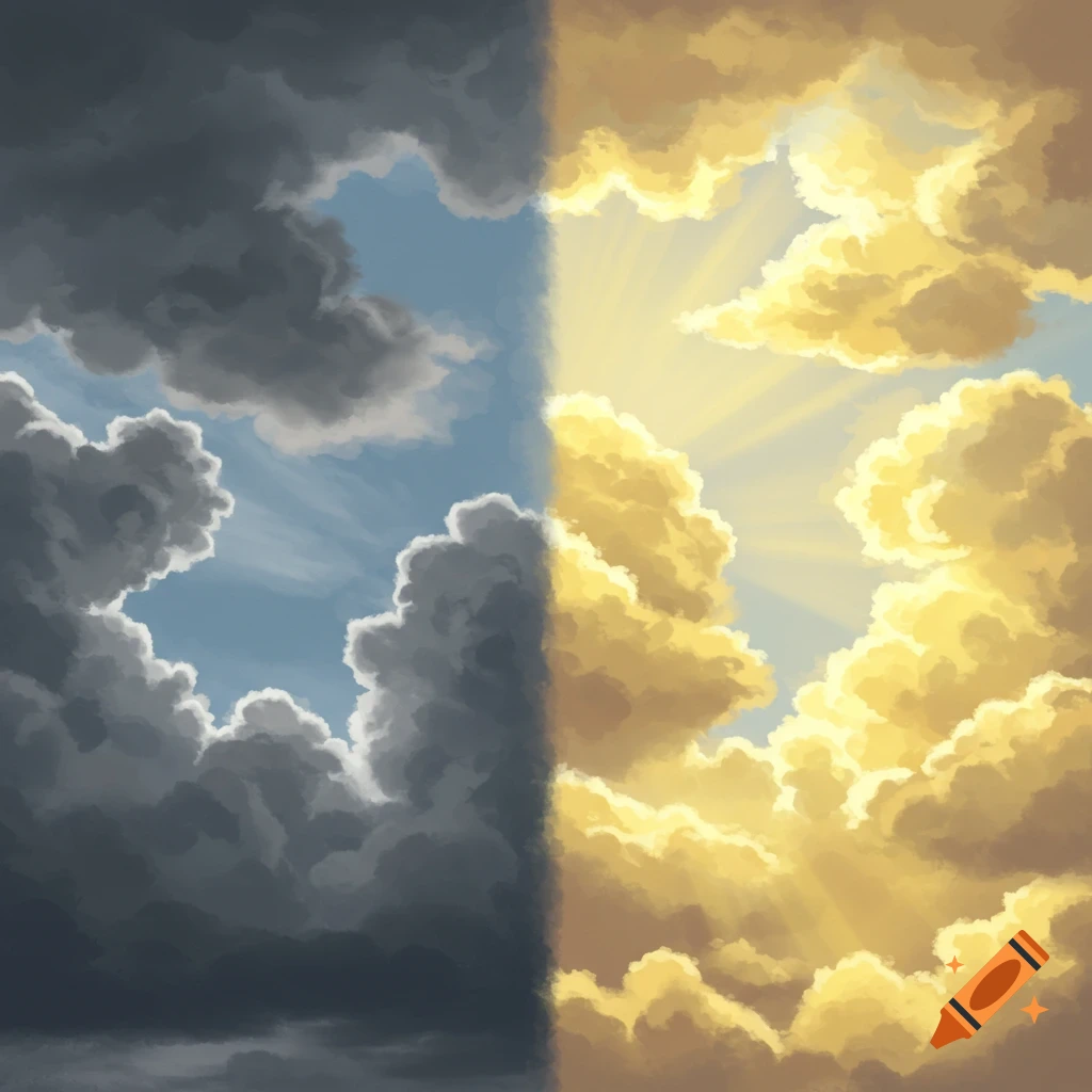 Split image of a sky, stormy dark clouds on the left and sunny golden clouds with sunrays on the right. Painting style.