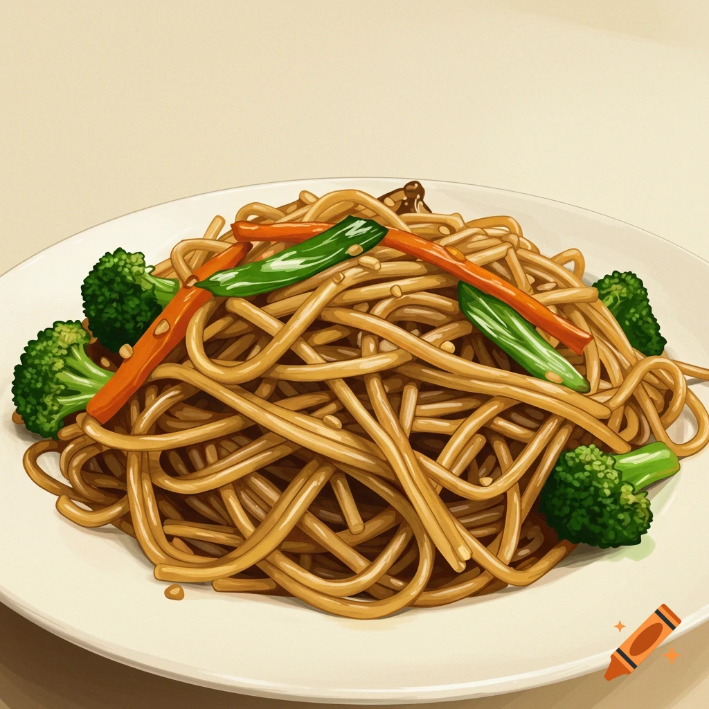 Plate of chow mein noodles with broccoli and carrots, illustrative style