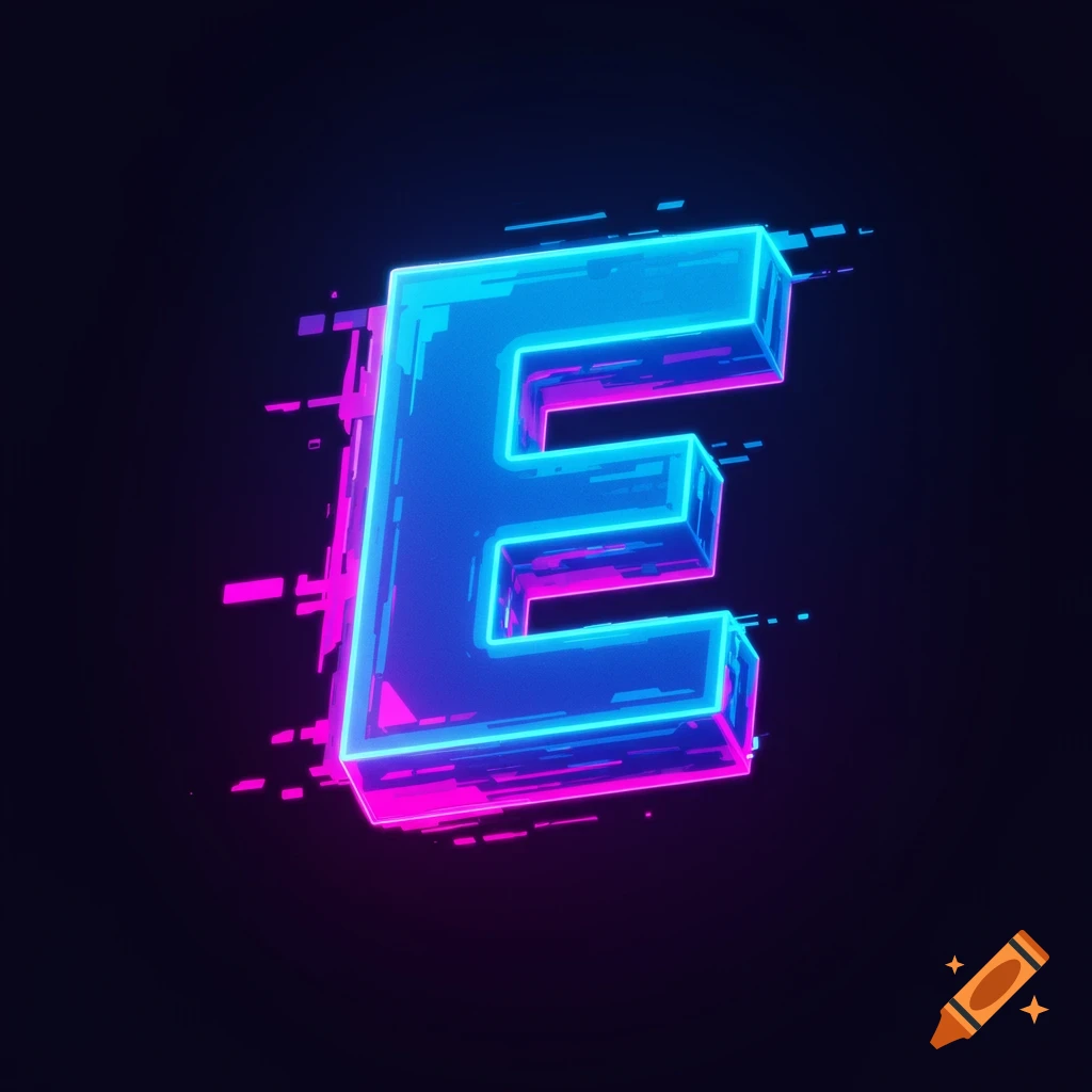Glowing blue and pink neon letter E with glitch effects on a dark background.