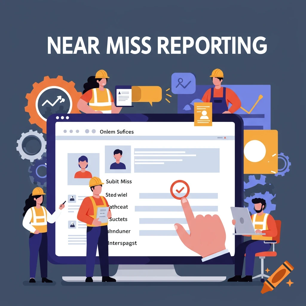Illustration of construction workers using a computer for near miss reporting.