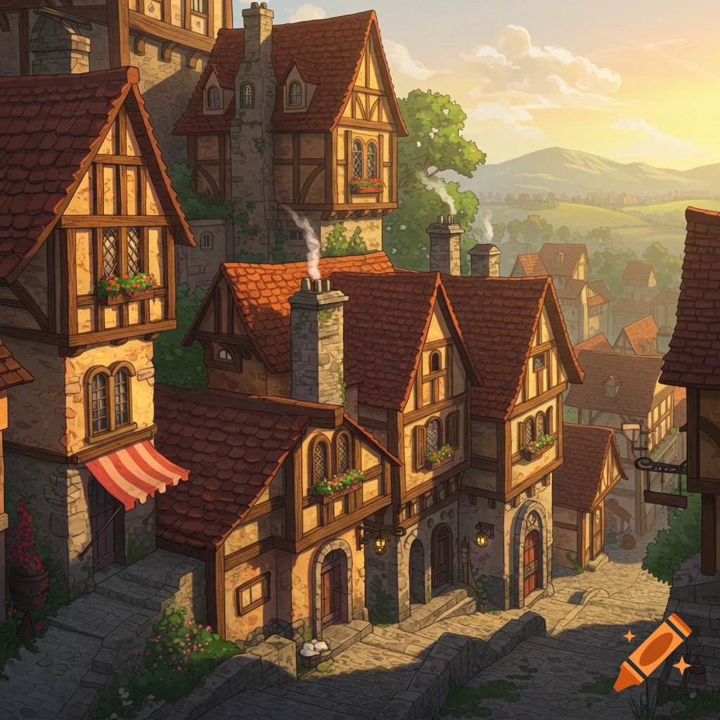 Medieval village houses with red roofs and timber framing at sunset, cobblestone path