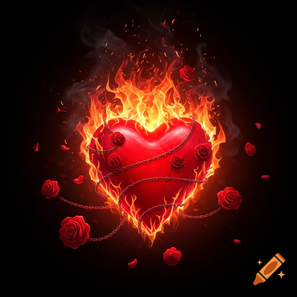 Red heart wrapped in chains with roses, burning in flames on a black background, digital art.