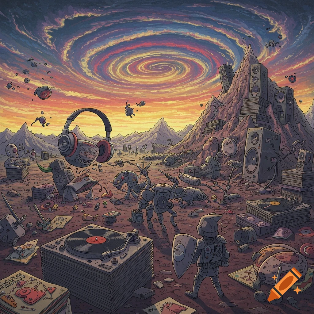 Surreal illustration of robots and audio equipment battling on a ridge under a swirling sky.