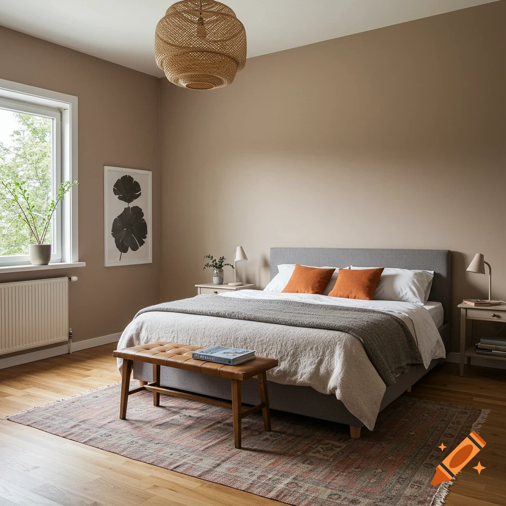 A neutral-toned bedroom with a bed, bench, window, and rug in a boho-contemporary style.
