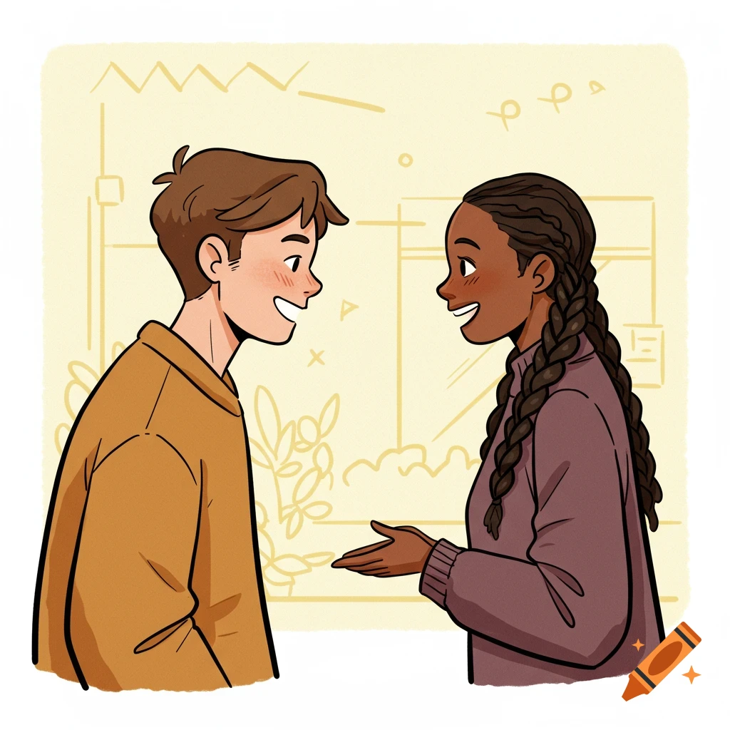 Illustration of a man and woman smiling and talking