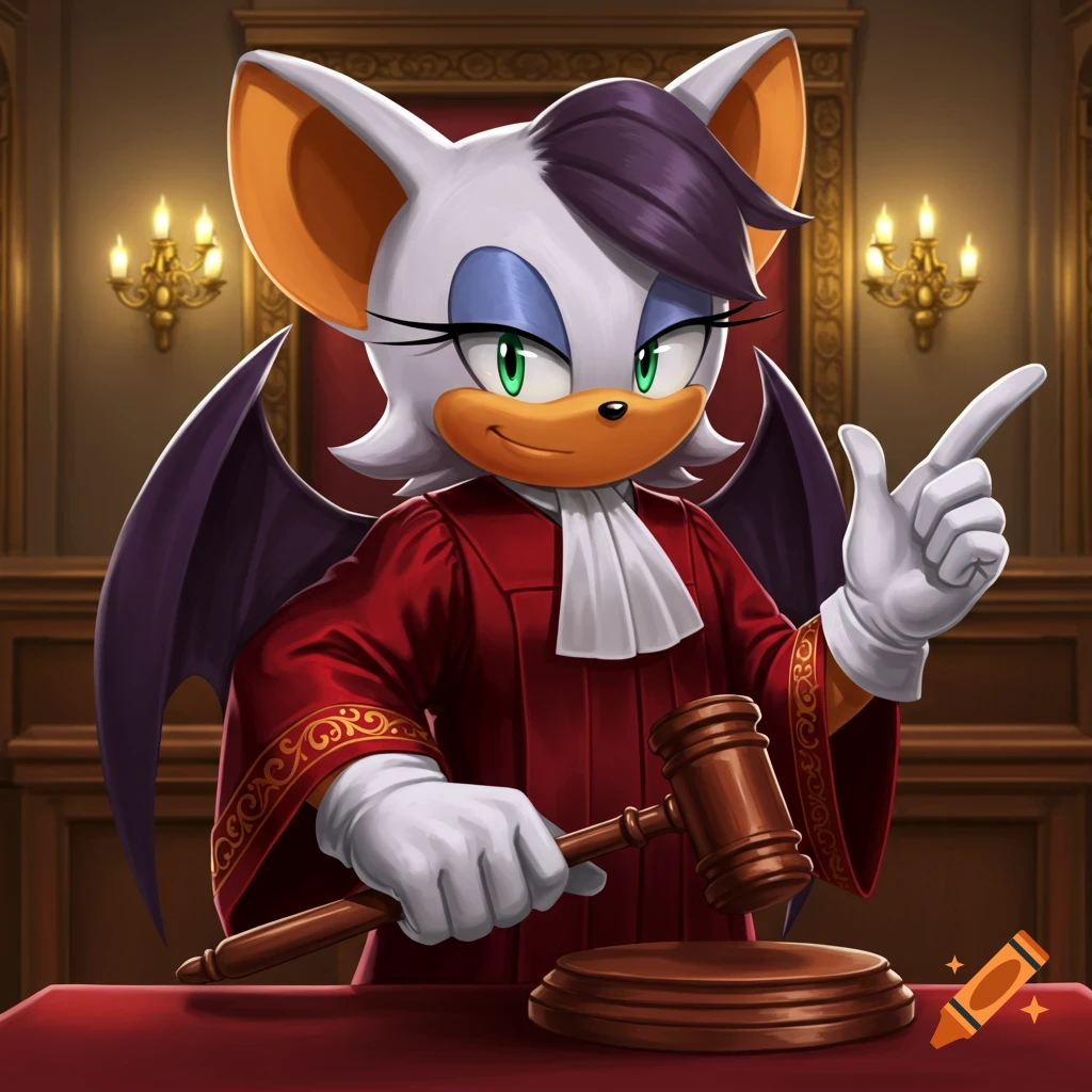 Rouge the Bat dressed as a judge, holding a gavel and pointing in a courtroom.