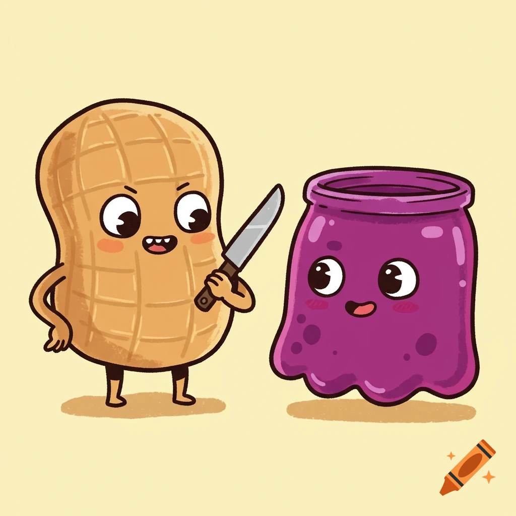 Cartoon peanut character holding a knife stands next to a cartoon jelly jar character. Simple drawing style.