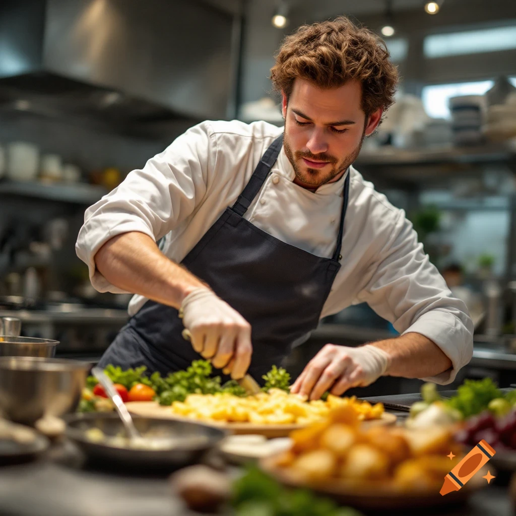 A chef in a kitchen chopping vegetables on a cutting board.