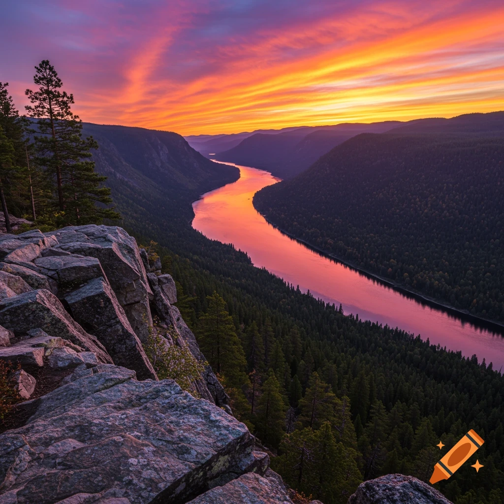 A sunset over a winding river flowing through a mountain valley with pine forests, viewed from a rocky cliff.