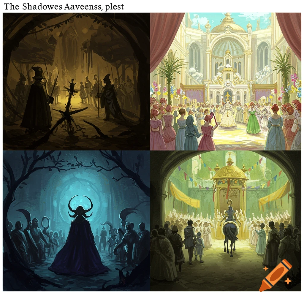 Four-panel allegorical illustration contrasting light and dark fantasy scenes with crowds and architecture.