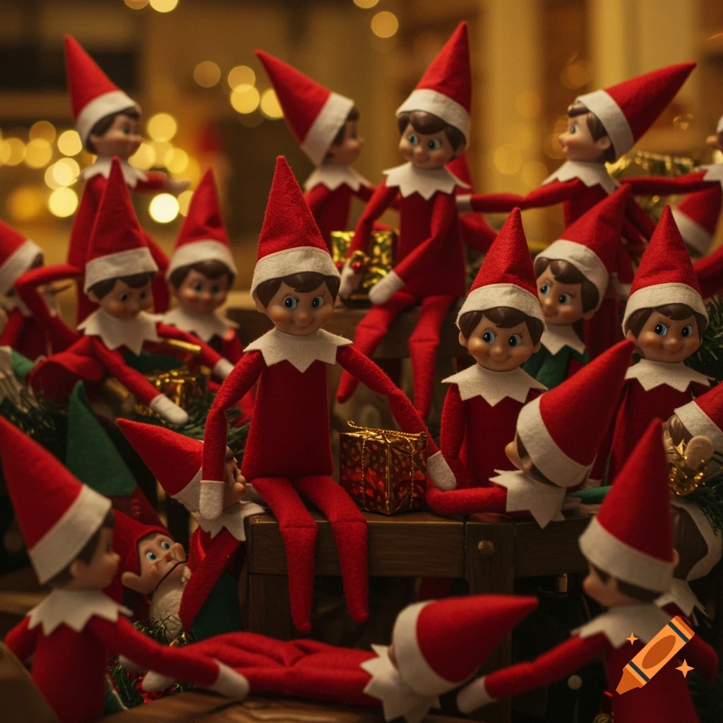 A close-up photo of a large group of Elf on the Shelf dolls amidst blurry lights and Christmas decorations.