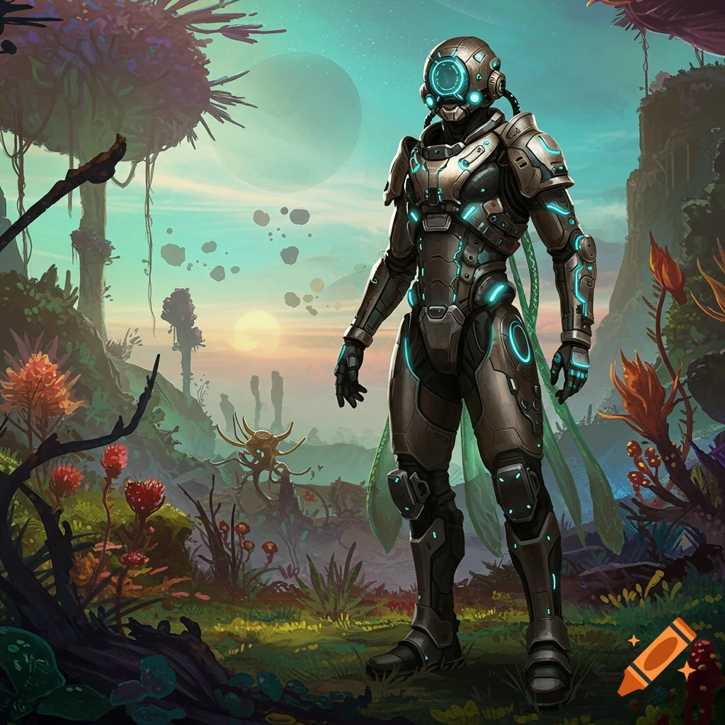 A character in a futuristic suit stands in an alien landscape with strange plants and floating rocks.
