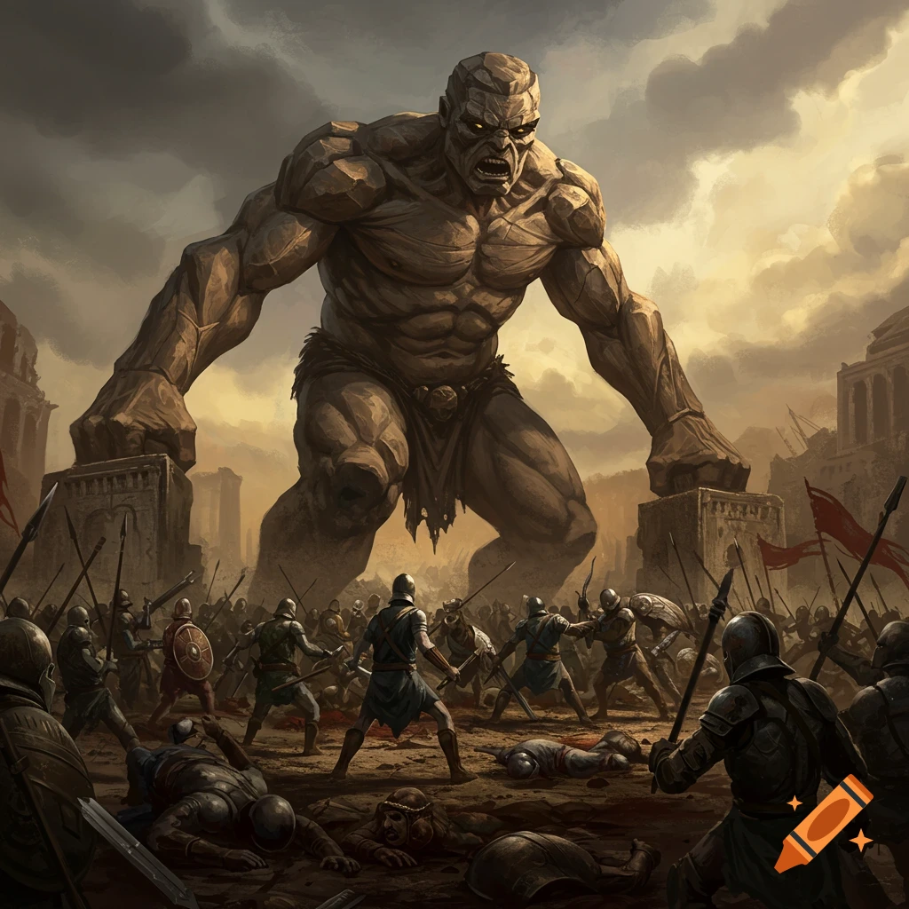 Painting of a colossal rock giant battling soldiers in ancient ruins under a stormy sky.