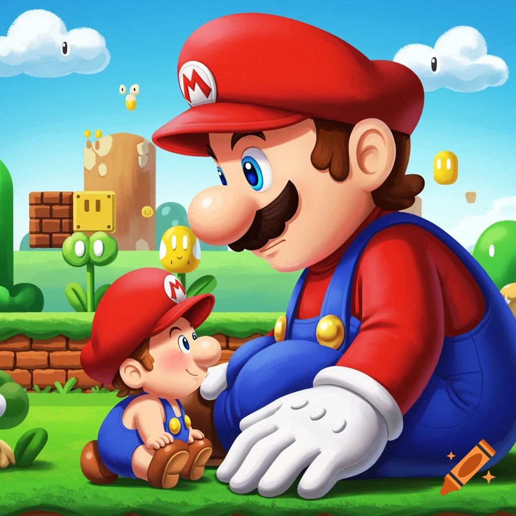Large Mario kneels facing a small Baby Mario in a Super Mario Bros. level.