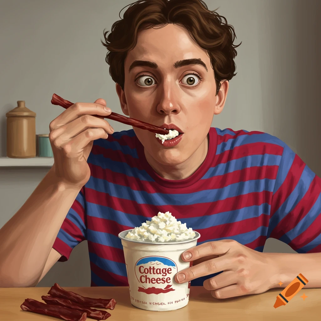 A person eats cottage cheese with a beef jerky stick. Stylized image.