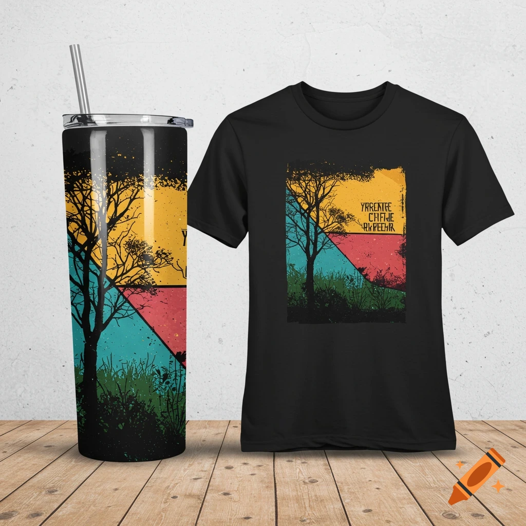 A black t-shirt and tumbler with a graphic design of a silhouetted tree against abstract colorful shapes.