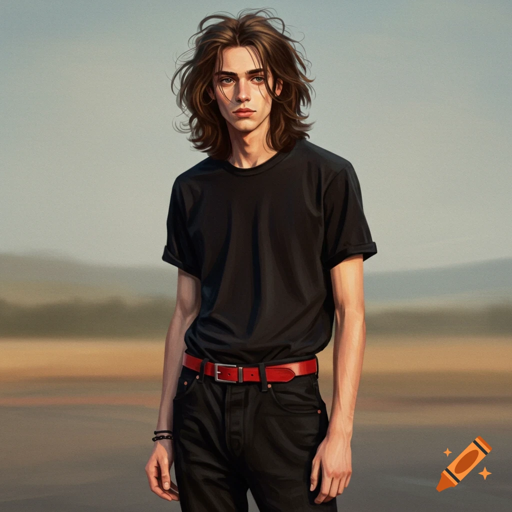 A man with long hair in a black shirt and red belt stands in a landscape.