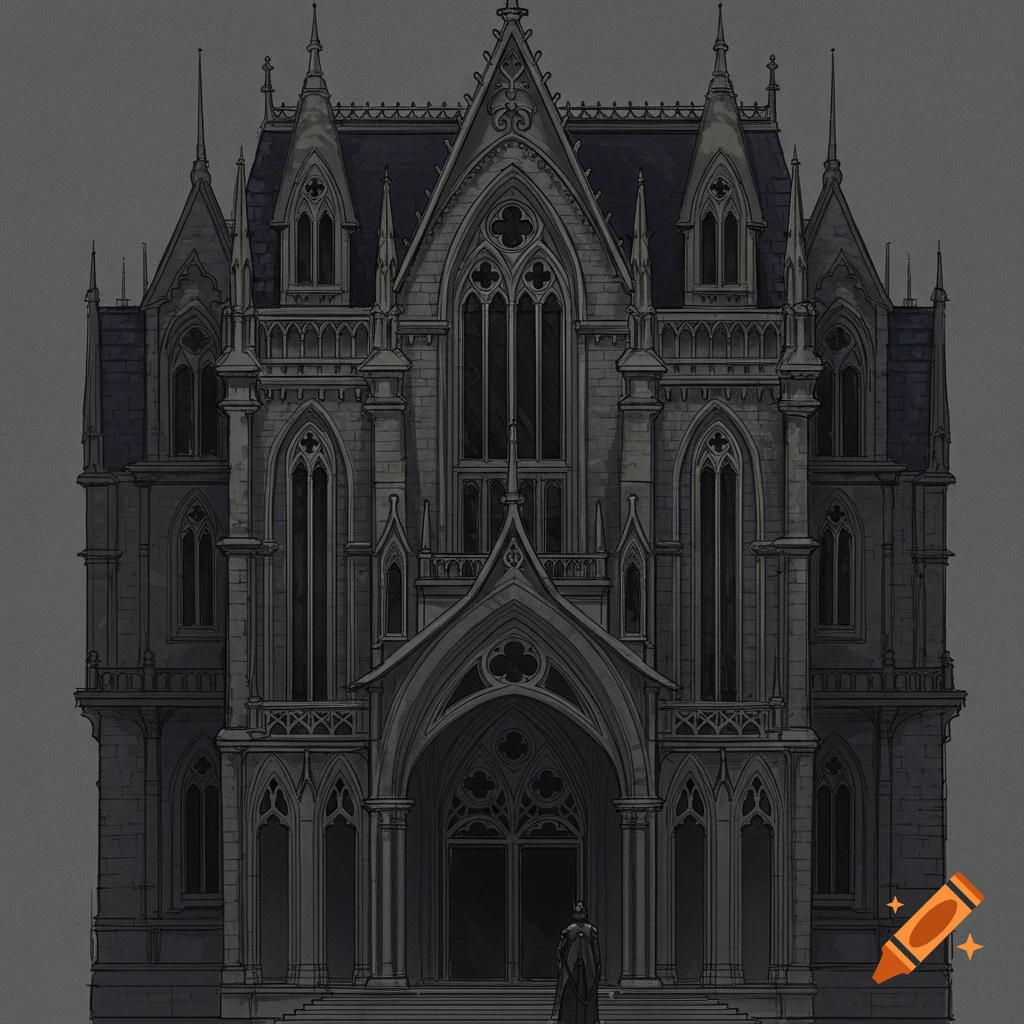 Sketch of a dark gothic building facade with spires and arches, a small figure stands at the entrance.