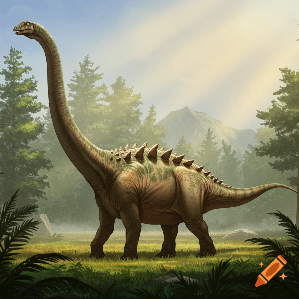 A hybrid dinosaur with spikes stands in a sunny forest.