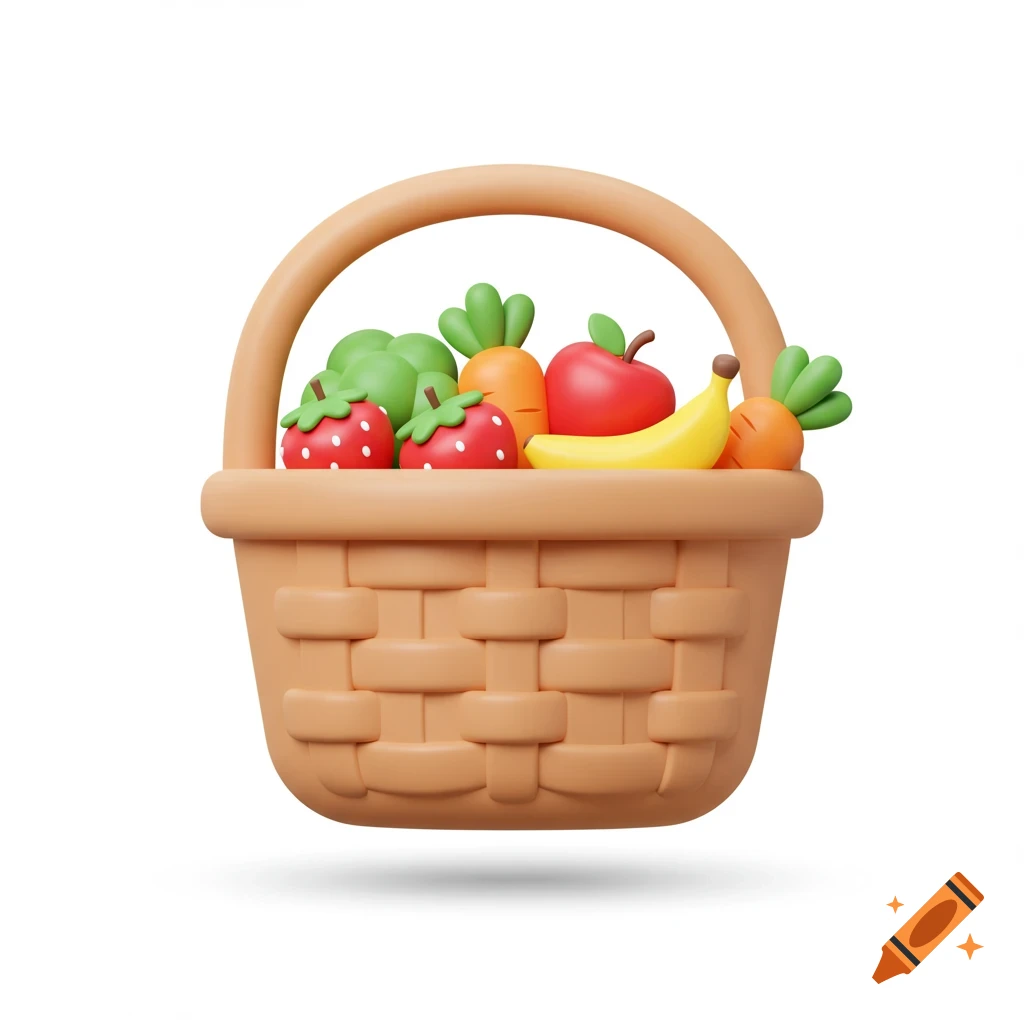 3D illustration of a basket filled with colorful cartoon fruits and vegetables.