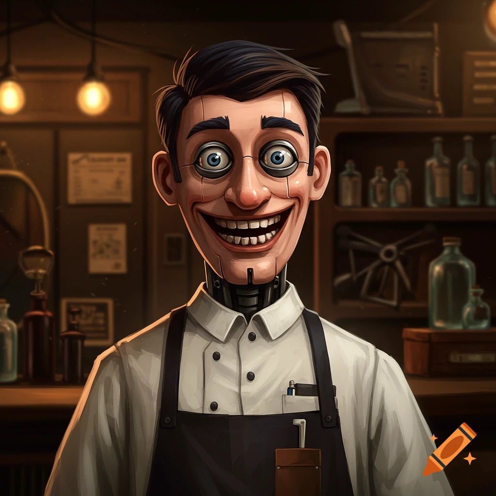 Stylized portrait of an animatronic shopkeeper with a wide smile wearing an apron in a shop.