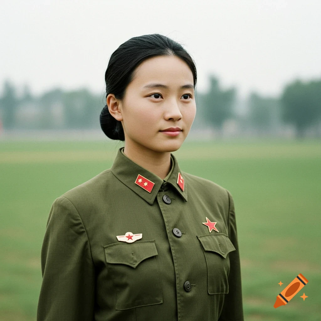 A young woman in a 1960s Chinese military uniform stands in a field.