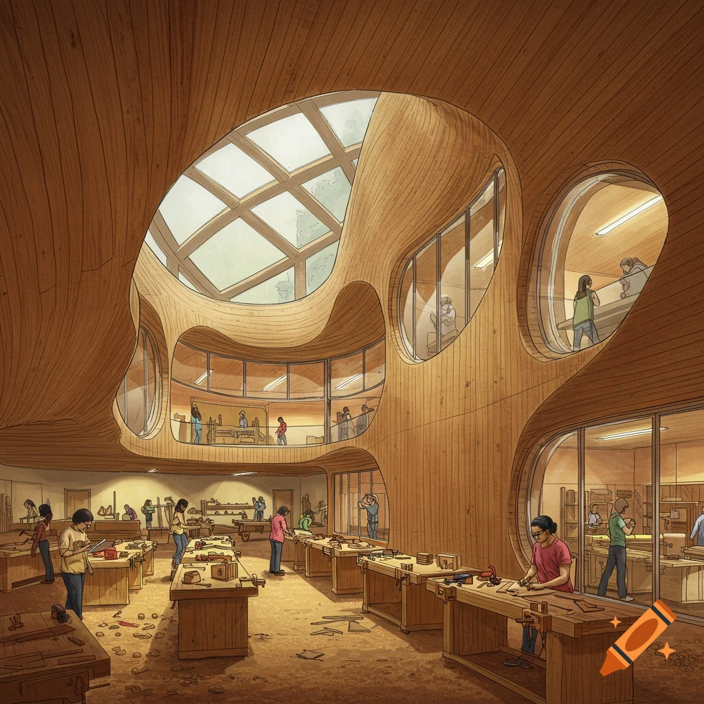 Detailed sketch of an organic college building for a woodworking major, with students working at benches.