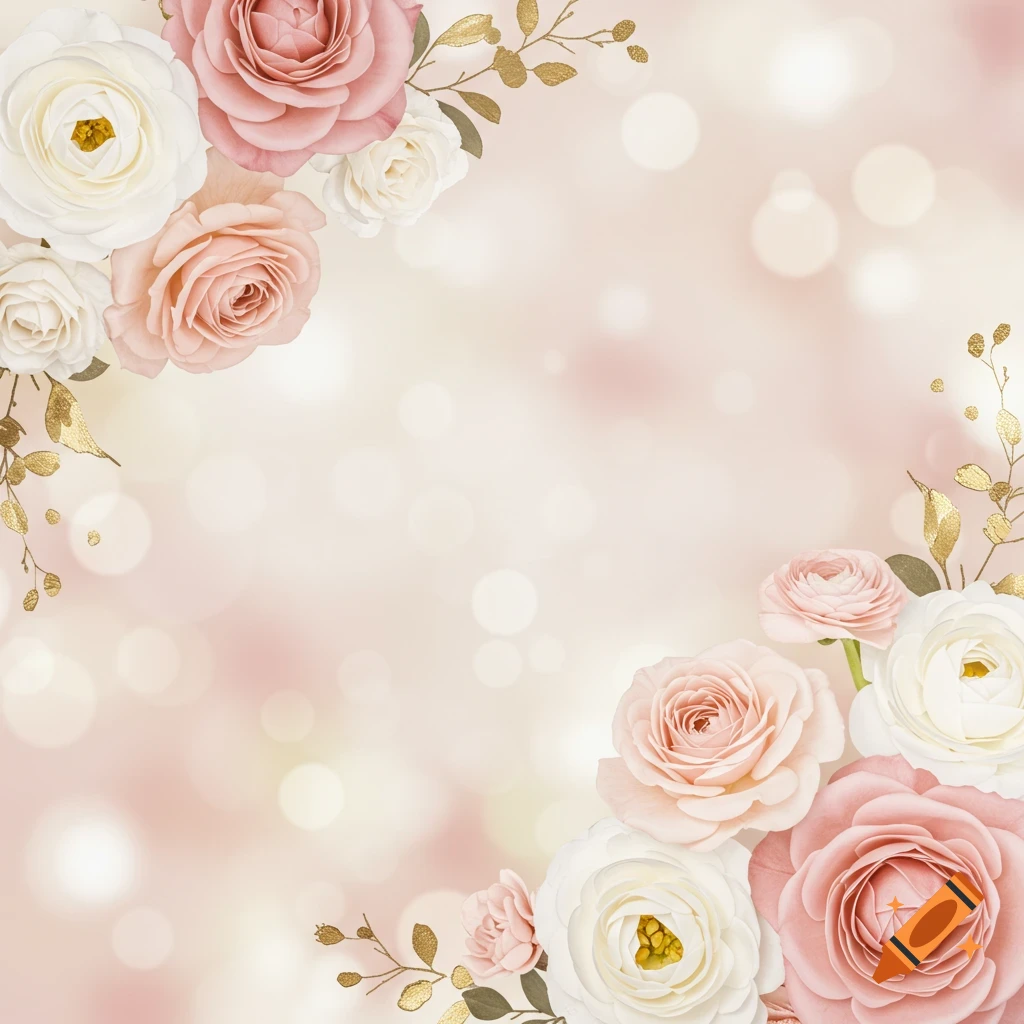 Elegant floral background with pink and white roses, ranunculus, and gold leaves on a soft pink bokeh.