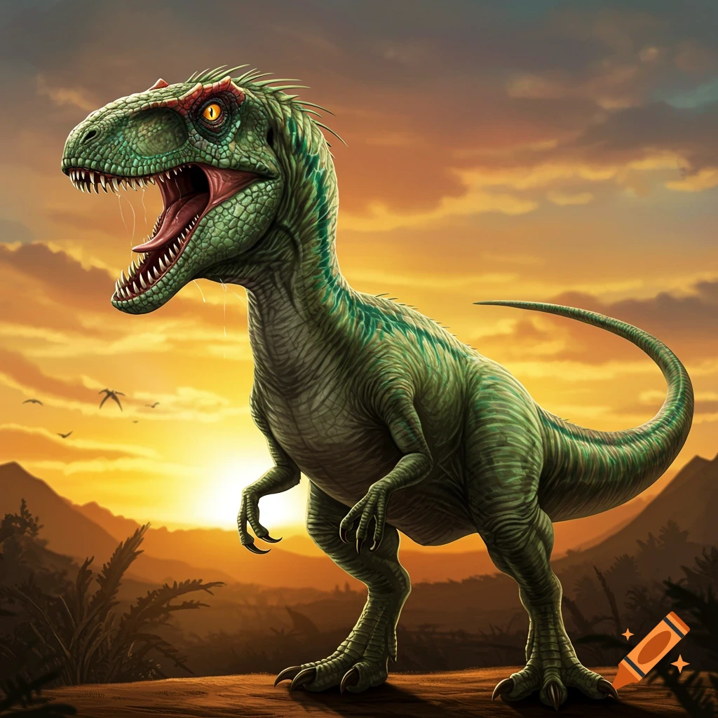Green dinosaur with mouth open stands against a sunset background.
