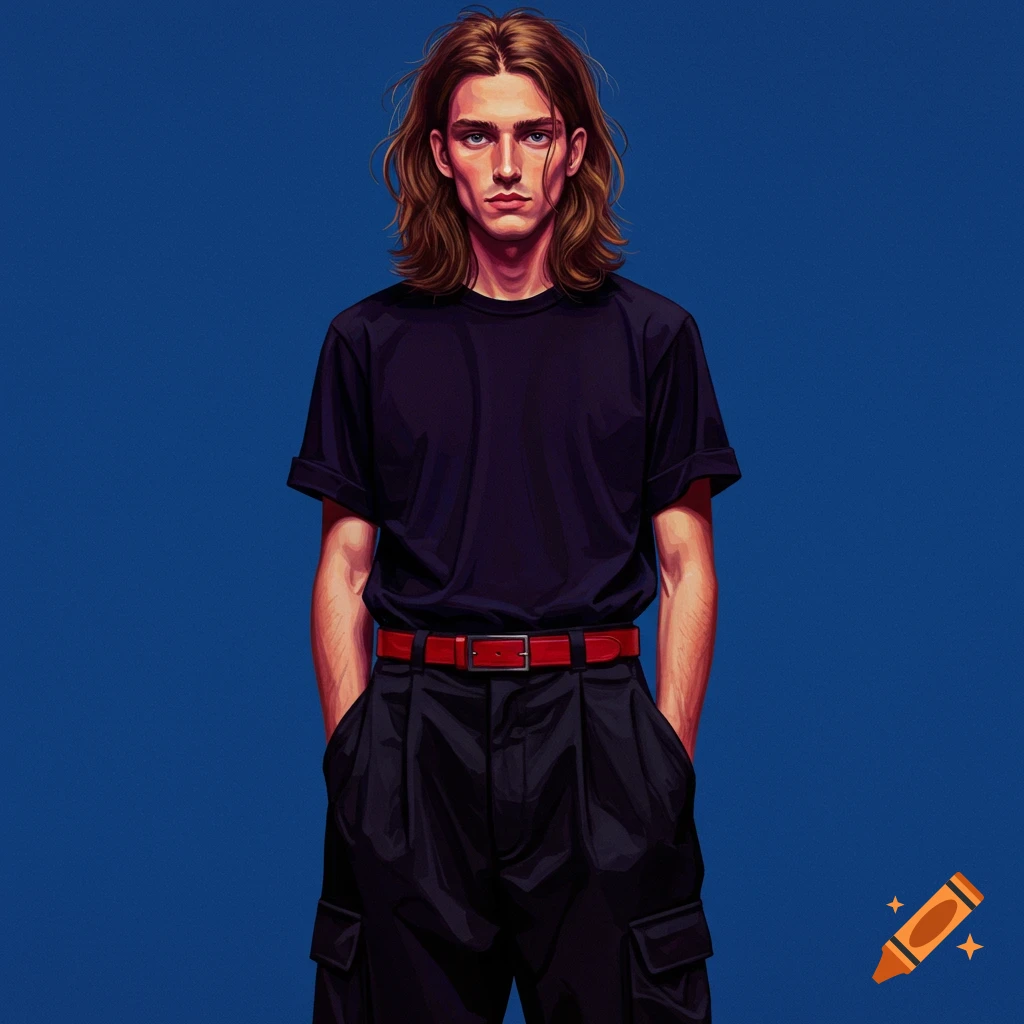 Illustration of a man with long hair wearing a black shirt, red belt, and black pants against a blue background.