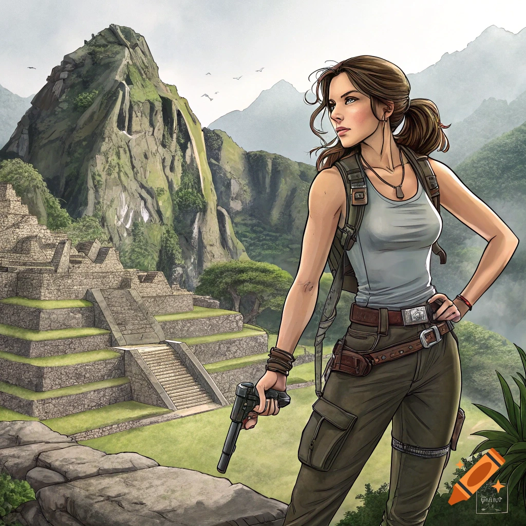 Illustrative depiction of an adventurer resembling Lara Croft standing before ancient ruins and mountains, holding a pistol.