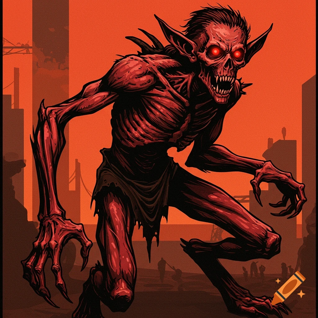 An illustration of a red, skeletal monster with glowing red eyes and sharp claws against an orange cityscape.