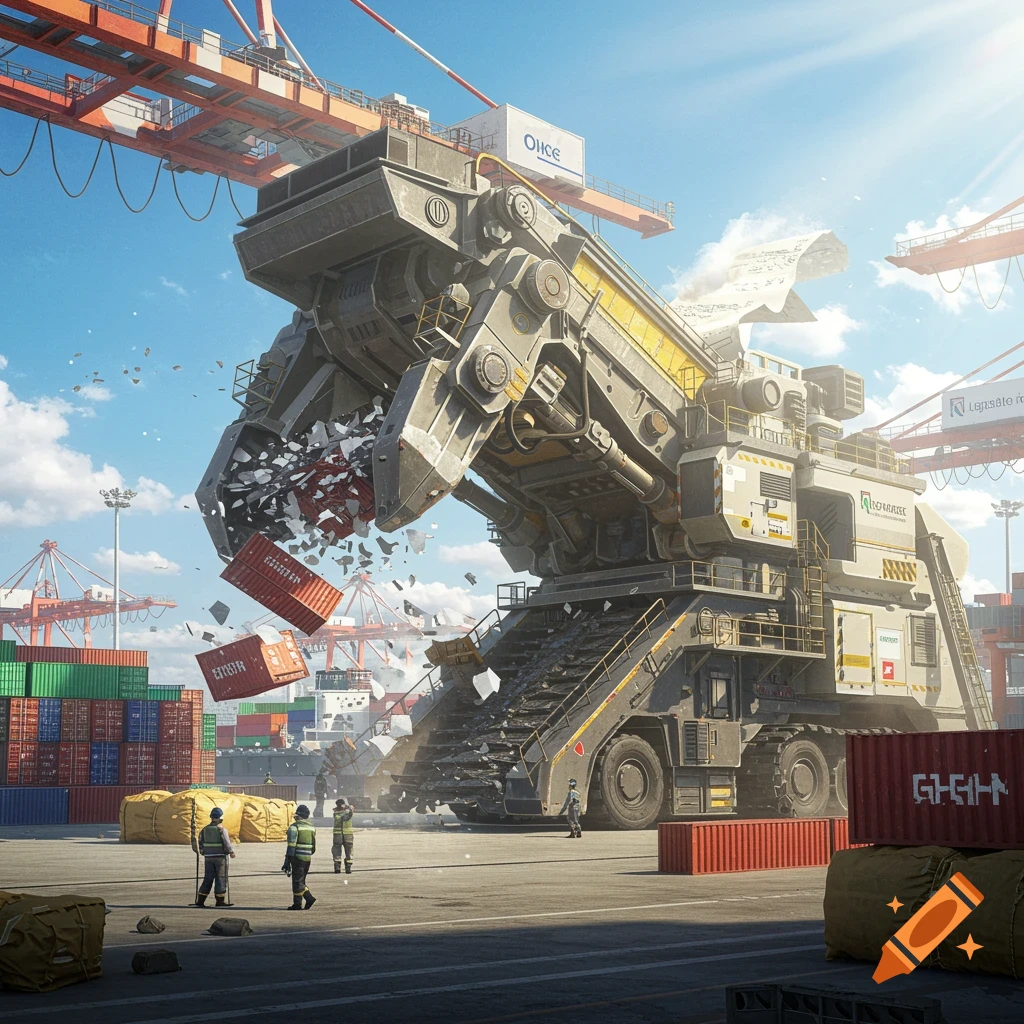 A giant machine smashes cargo containers in a photorealistic port scene.