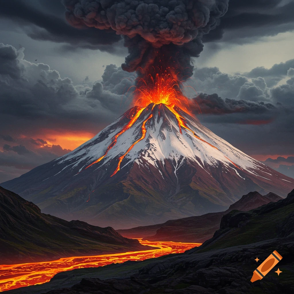 A dramatic volcanic eruption with bright orange lava flowing down the sides and a river of lava in the valley below, under dark, cloudy skies.