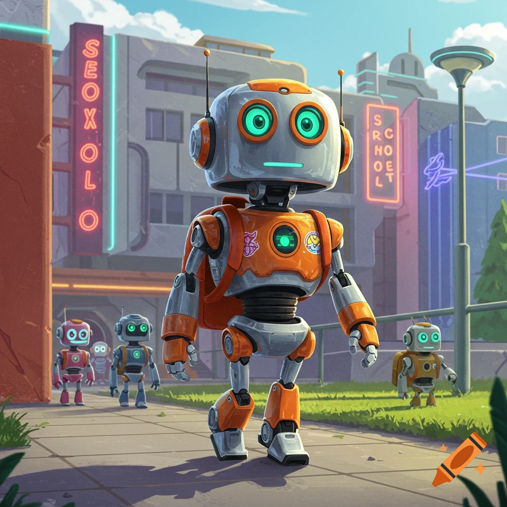 Cartoon robots walk past a school building