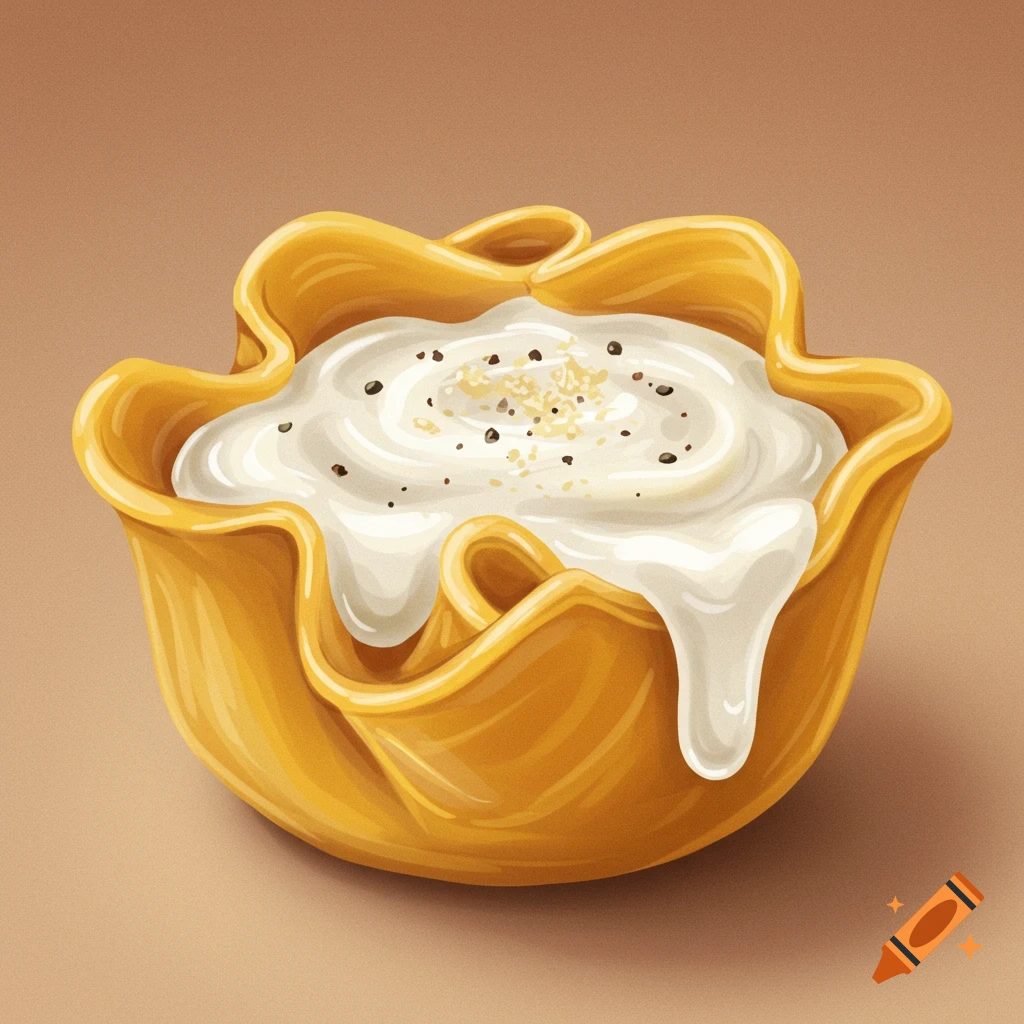 Illustration of pasta shaped like a bowl filled with creamy white sauce and toppings.