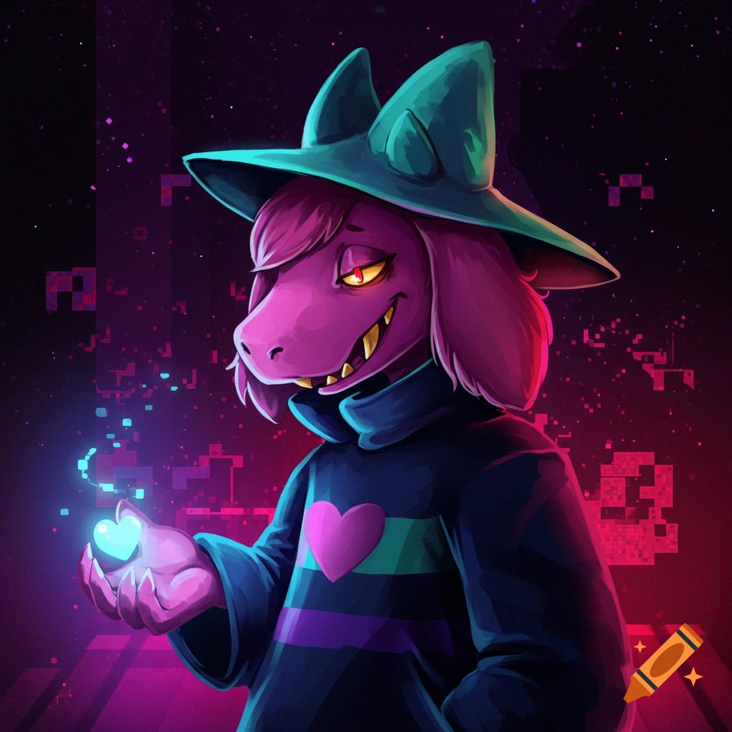 Purple monster character in a green hat and dark coat holding a glowing blue heart against a dark pixelated background.