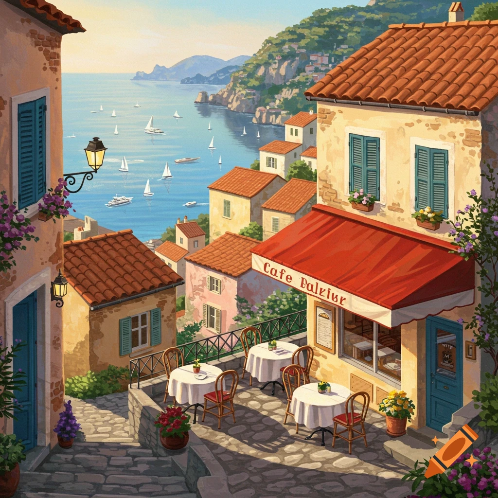 A painting of a cafe with outdoor seating overlooking a sea filled with sailboats from a hillside village.