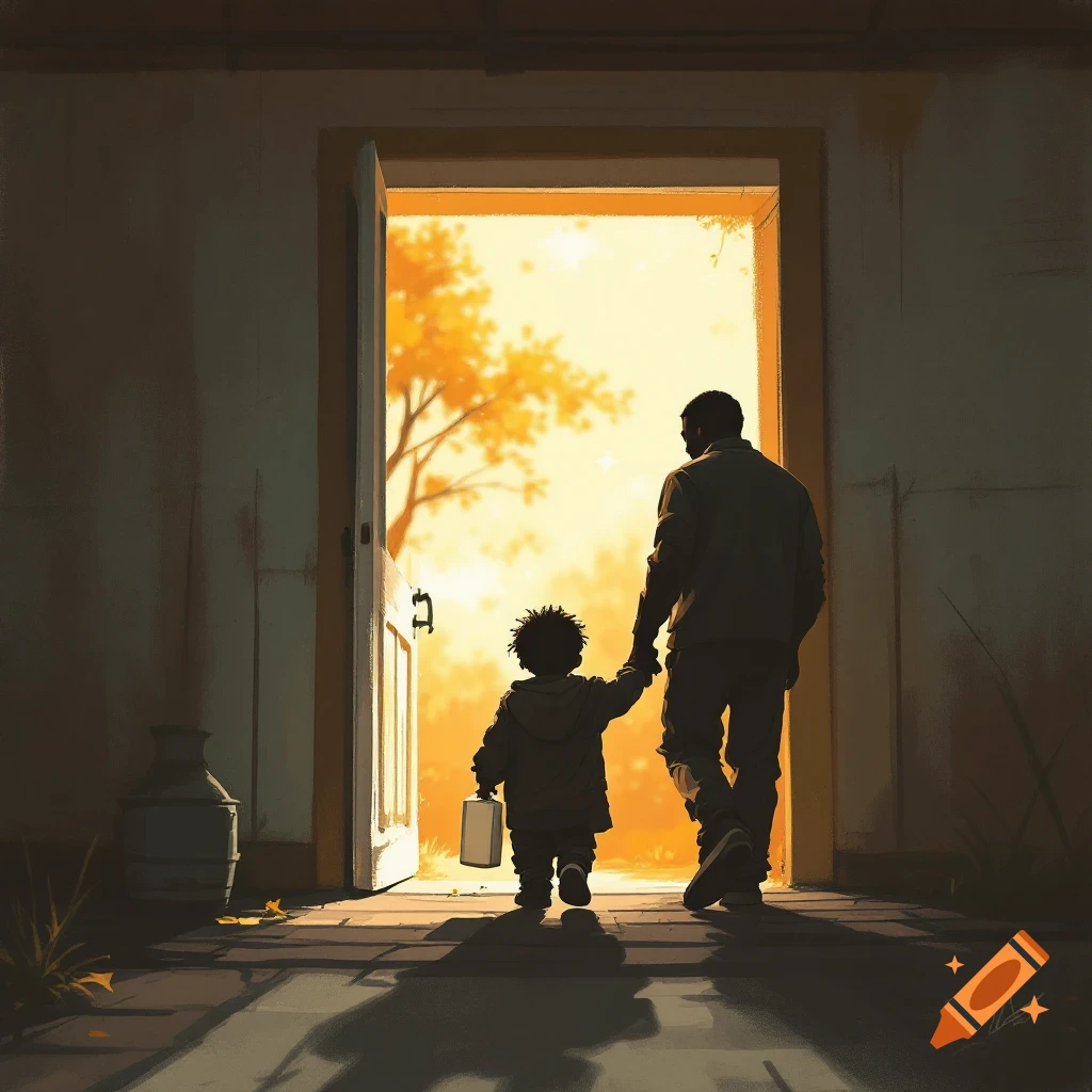 Silhouette of father and son walking hand-in-hand towards bright light through a doorway, illustration style.