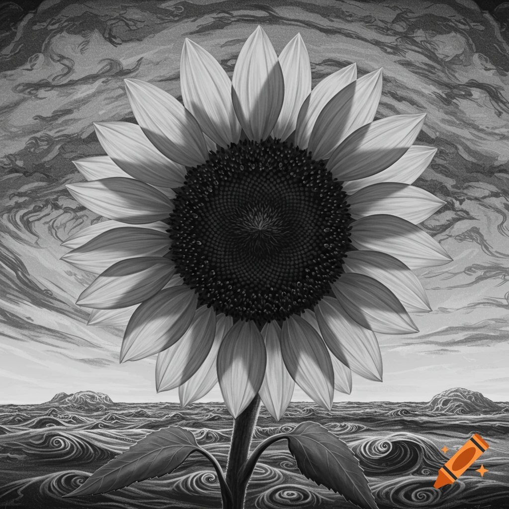 A large sunflower rises from swirling waves under a stormy sky in a surreal black and white style.