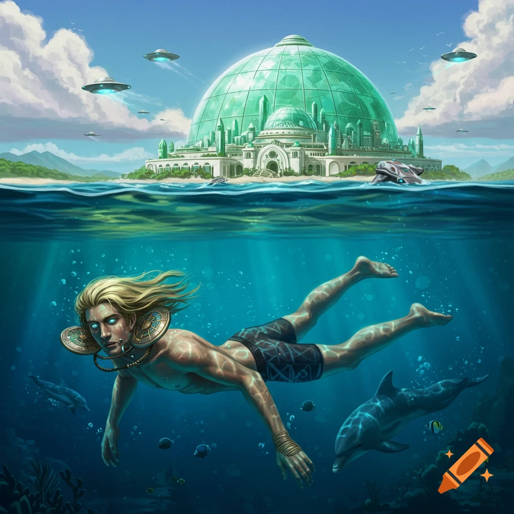 A man swims underwater with dolphins near a futuristic domed city on an island, with UFOs flying above. Digital art style.