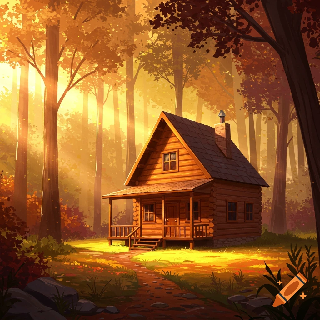 A stylized log cabin sits in a sunlit forest with a path leading to it.