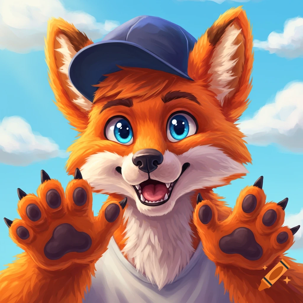 Cartoon fox wearing a blue baseball cap, holding paws up, against a blue sky.