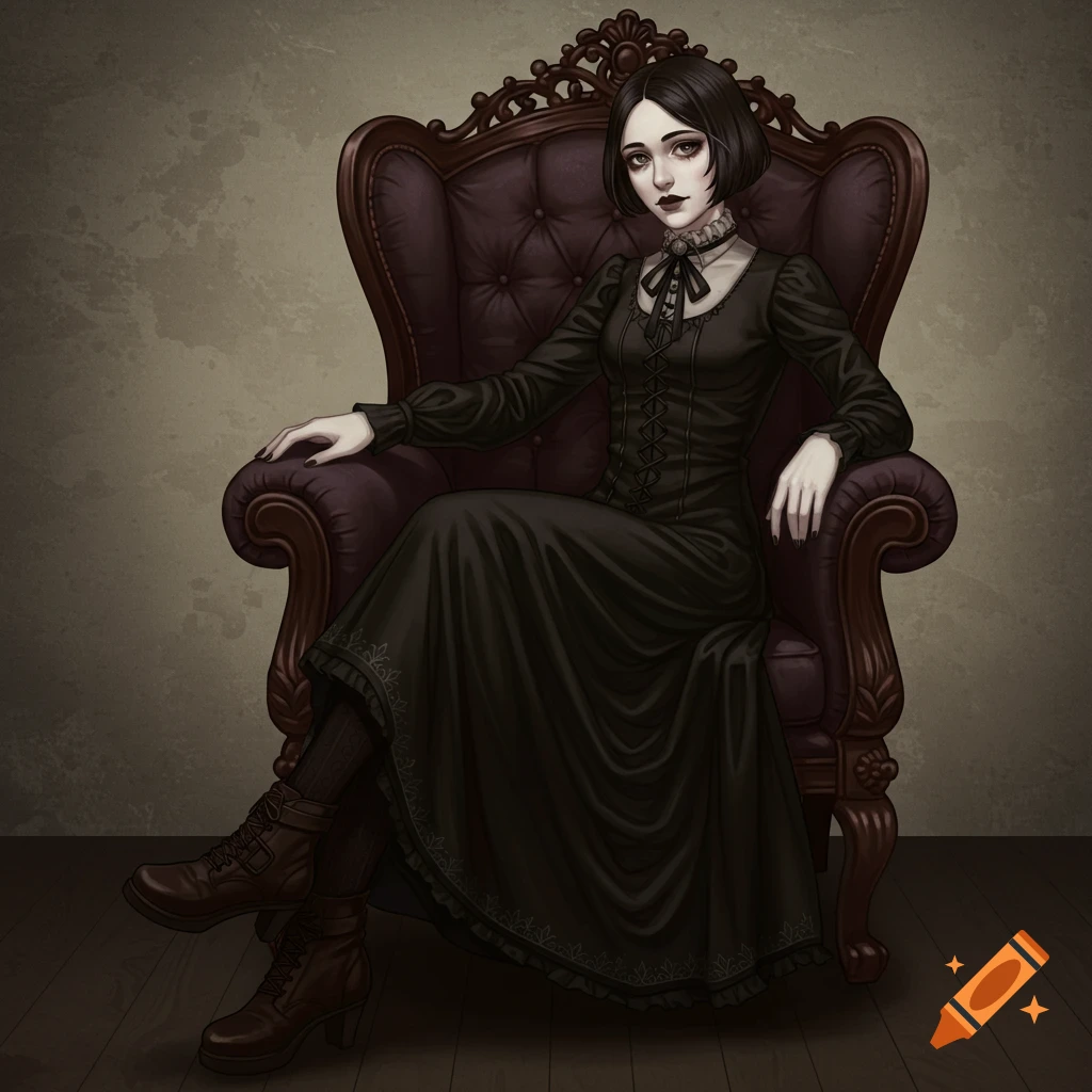 Digital illustration of a woman in a black gothic dress sitting in a large armchair.