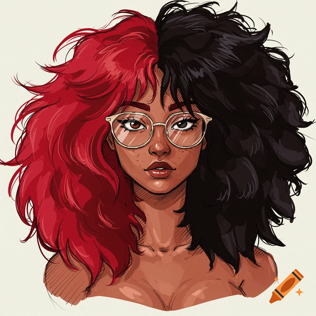 Sketch portrait of a person with half red, half black curly hair wearing glasses.
