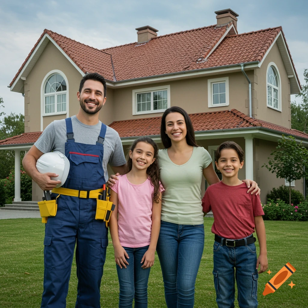 Smiling family, father in work clothes with hard hat, standing with mother, daughter, and son in front of a house