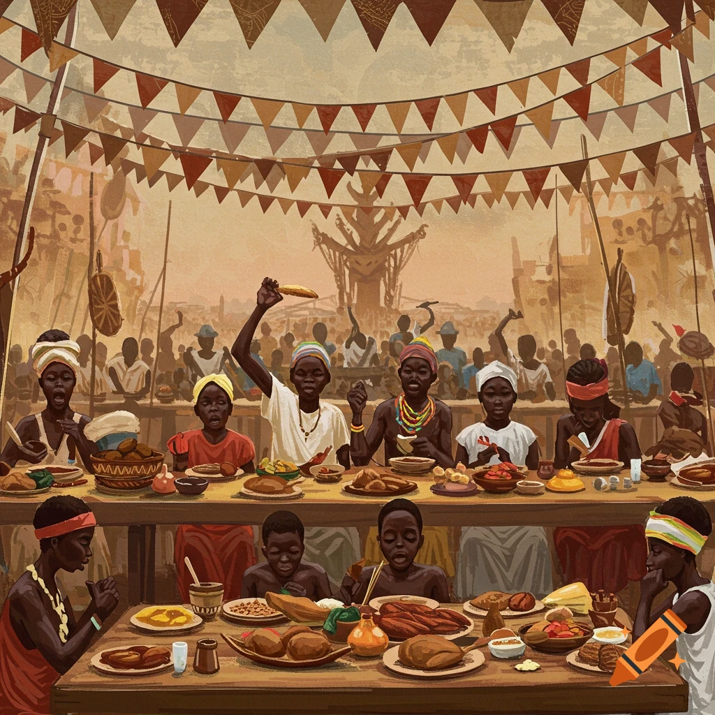 Illustration of people, including children, feasting at tables during a large outdoor celebration under a decorated canopy.
