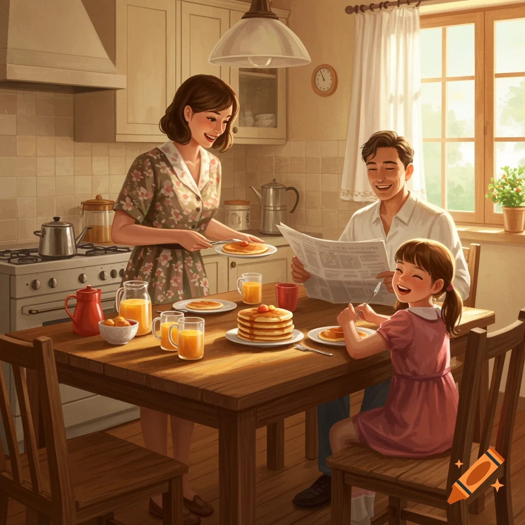 An illustration of a family eating breakfast at a table in a sunny kitchen.