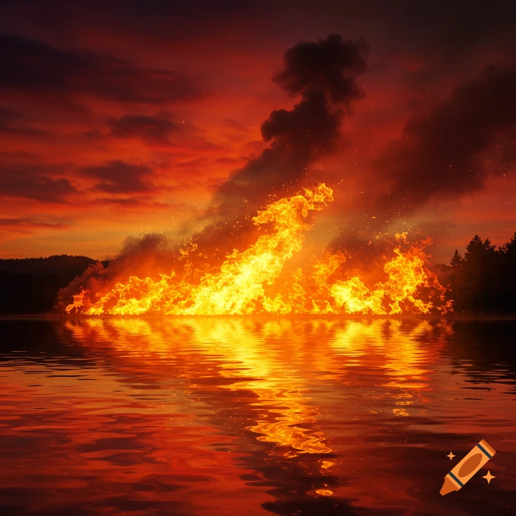 Large fire spreads across the surface of a lake at sunset, reflected in the water, with silhouetted trees in the distance.